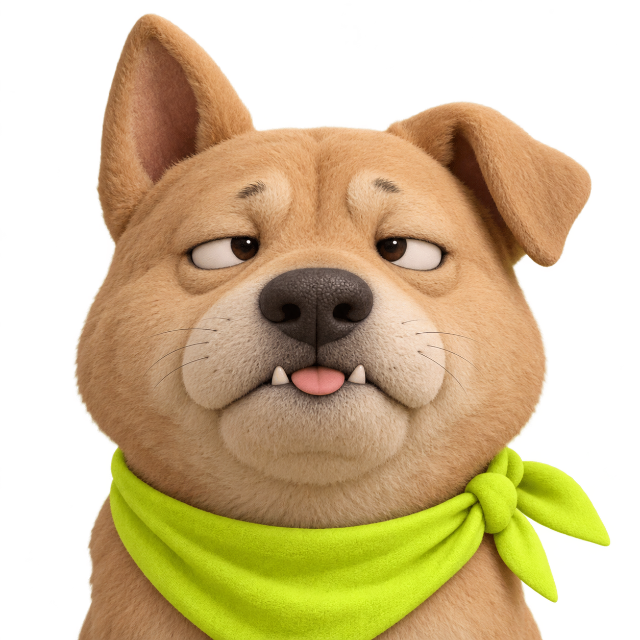 Yard Dog, a goofy tan village mutt wearing a lime green scarf